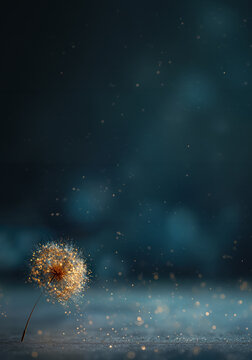 Magical glowing dandelion seed head with glittering dust on dark background