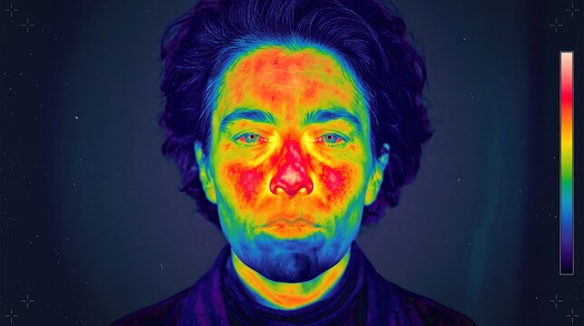 Infrared thermal image scan of human face showing heat map temperature distribution and inflammation