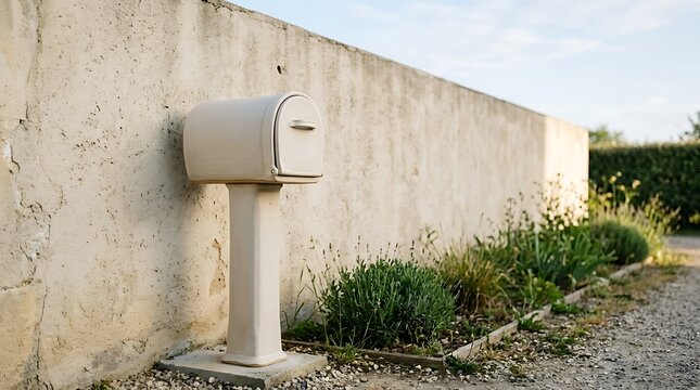Cream beige mailbox on a pedestal in front of an old rustic concrete wall