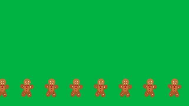 A row of small gingerbread cookies marches horizontally along the bottom edge. 4K UHD animation on solid chroma green with a 12 second loop at 30 fps. No audio.