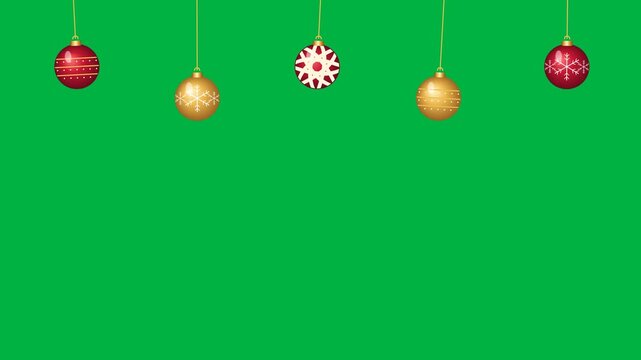 Five alternating red and gold ornaments hang at staggered heights across the top. 4K UHD animation on solid chroma green with a 12 second loop at 30 fps. No audio.