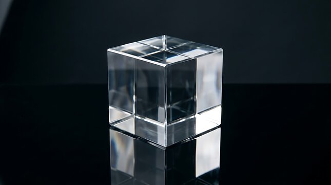 Transparent glass cube on reflective dark surface for product display presentation
