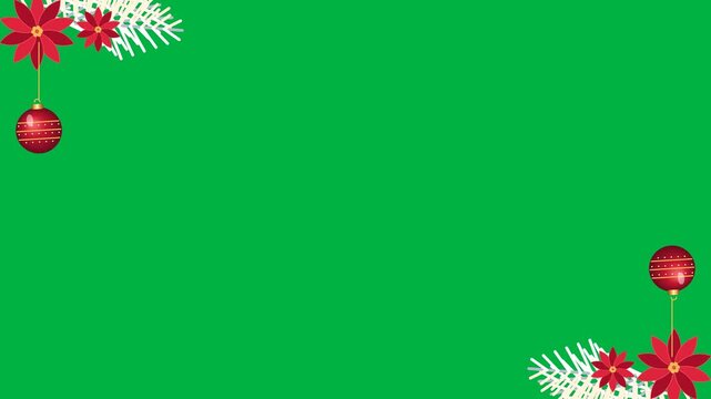 Opposite corners carry ivory winter branches red poinsettias and hanging baubles. 4K UHD animation on solid chroma green with a 12 second loop at 30 fps. No audio.
