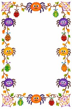 Hand drawn cute smiling spiders and cobwebs halloween vertical border frame in crayon style