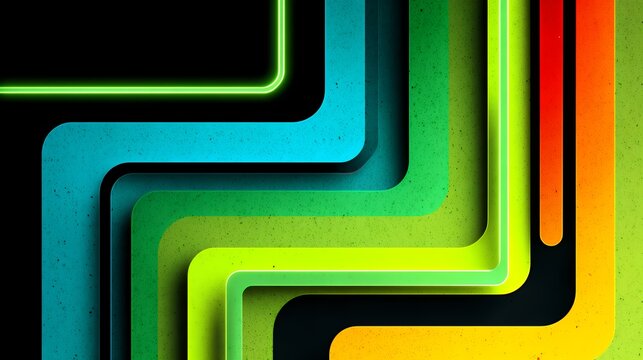 Layered colorful curved stripes with 3d paper cut effect and neon glow, vibrant abstract geometric background for modern graphic design.
