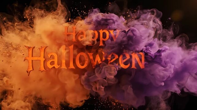Happy Halloween text in orange surrounded by vibrant orange and purple smoke on a dark background, creating a spooky and festive atmosphere.