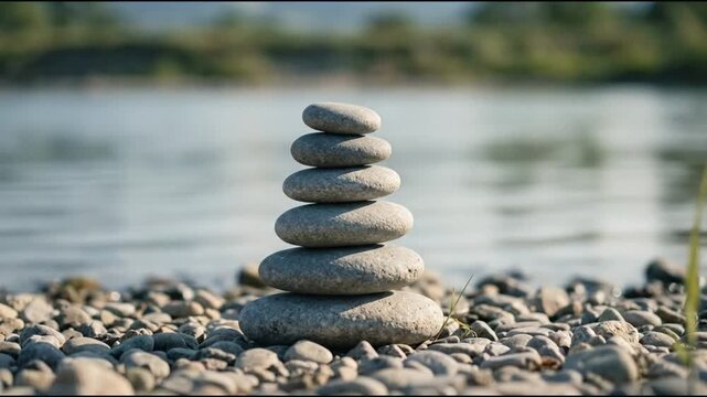 Balanced Zen Stones Stacked on a Pebble Beach by the River.
