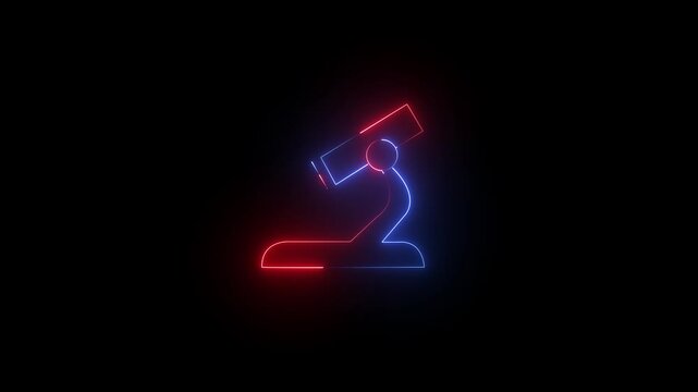 Glowing red and blue neon microscope icon representing scientific research, laboratory analysis, biology, and chemistry on black background.