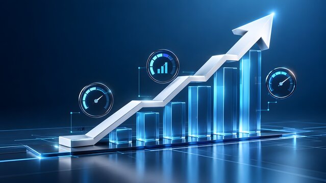 Futuristic glowing 3D upward arrow with glass bar charts and performance gauges representing business growth financial success and data analytics.