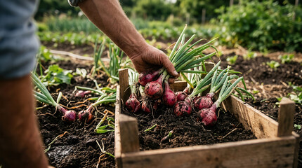 Fototapeta premium Farmer Harvesting Fresh Organic Red Onions From Garden Beds