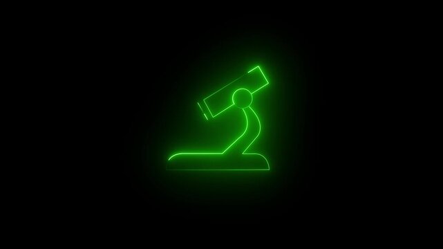 Glowing green neon microscope icon representing scientific research, laboratory analysis, biology, and medical discovery on black background.