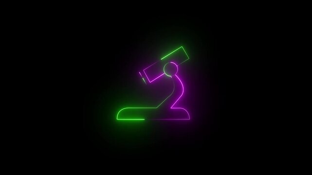 Glowing green and purple neon microscope icon representing scientific research, laboratory analysis, biology, and chemistry on black background.