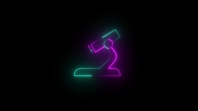 Glowing magenta and cyan neon microscope icon representing scientific research, laboratory analysis, biology, and chemistry on black background.