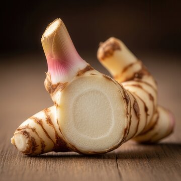 Fresh Galangal Root Close Up On Wooden Surface For Culinary Use