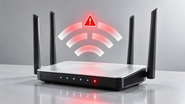 Wireless router with glowing red alert symbol representing no internet connection network failure or cybersecurity threat.