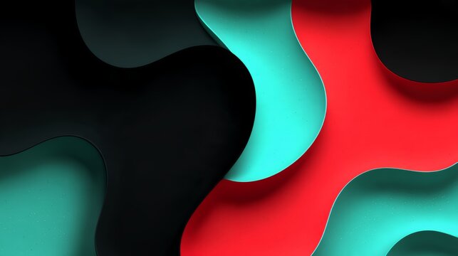 Smooth 3d organic wavy layers abstract background in striking black red and teal colors for modern meme overlays and fluid design