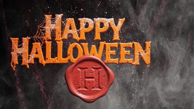 Happy Halloween text in orange with a red wax seal against a dark, smoky, and eerie background.