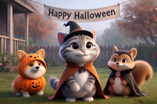 3 Cute Cartoon Animals, a Cute Gray Cat Kitten Witch Wearing Orange Cape & Hat , a Dog Jack O Lantern Pumpkin & Squirrel Vampire Dressed in Halloween Costumes Celebrate with a Happy Halloween Banner.