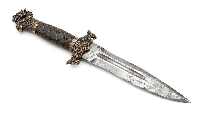 Ornate antique dagger with a patterned steel blade isolated on white background