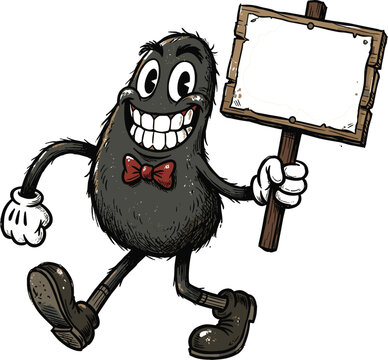 Vintage retro cartoon vector illustration of a happy furry monster mascot character holding a blank wooden sign