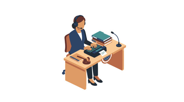 Court reporter using stenotype machine and headset at desk with gavel and books.