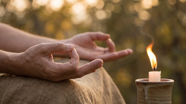 Close up of hands in meditation mudra pose with burning candle outdoors.