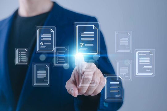 Professional selecting digital documents through a modern interface, representing document management, data organization, workflow automation, file processing, cloud technology, and business workflow.
