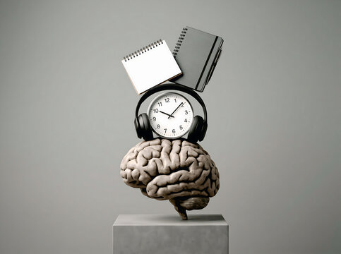 Human Brain Model Balancing Clock Headphones And Notepads Representing Mental Multitasking Time Management Under Pressure