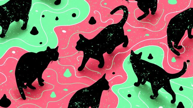 Quirky black cat silhouettes on abstract wavy pastel mint and pink background for funny meme overlays and pop art designs