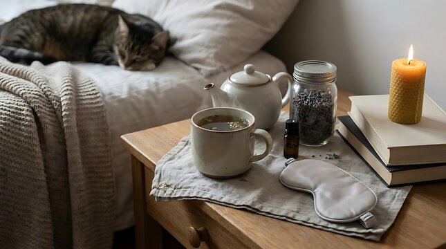 Cozy bedroom scene with sleeping cat and herbal tea.