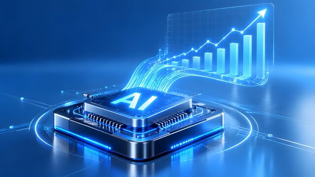 Glowing artificial intelligence microchip generating upward financial bar chart representing machine learning driving business growth and success