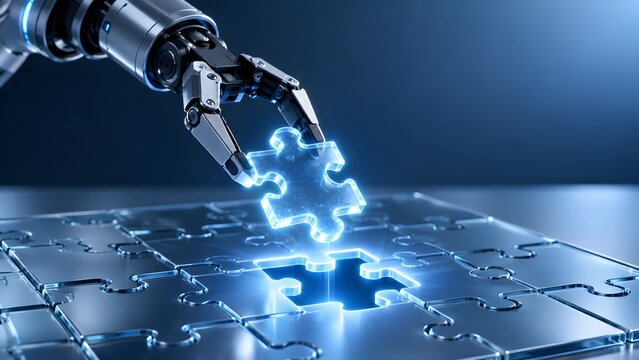 Futuristic robotic arm placing glowing missing puzzle piece into metallic board representing AI problem solving and automated business strategy