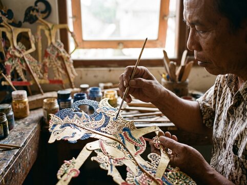 Traditional Wayang Kulit Puppet Painting Craftsmanship Photography