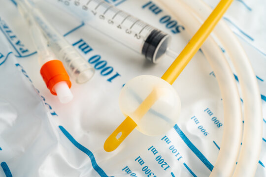 Foley urinary catheter with urine bag for disability or patient in hospital.