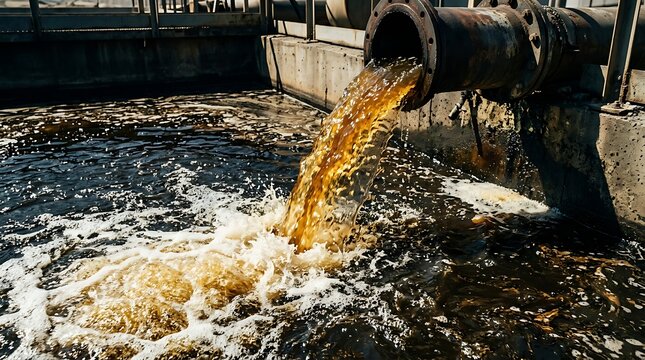 Industrial wastewater flowing from a metal pipe