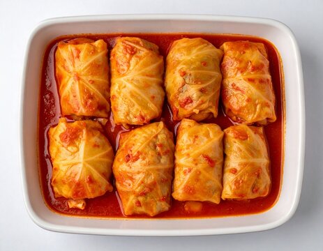 Fresh homemade cabbage rolls in tomato sauce served in a white dish