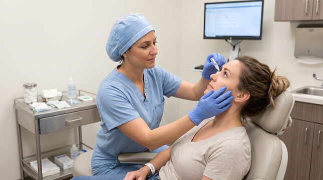 Nurse administering eye drops to a patient seated in a chair before surgery