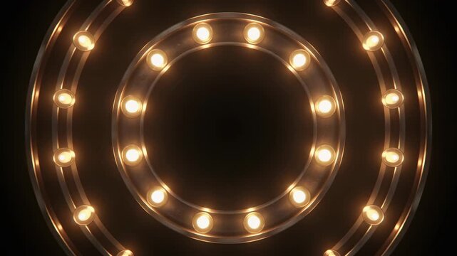 3D retro signboard animation &mdash; circular frame with glowing vintage bulbs surrounding a stage 