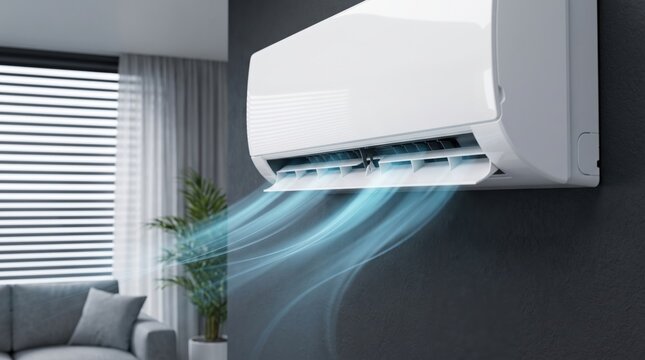 White wall mounted air conditioner unit blowing cool blue air streams into a living room with a grey sofa and a potted plant by a window with blinds