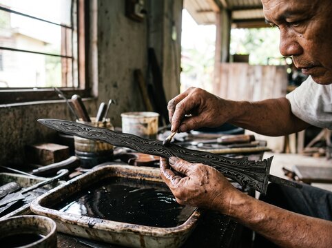 Traditional Javanese Kris Pamor Blade Etching Craftsmanship