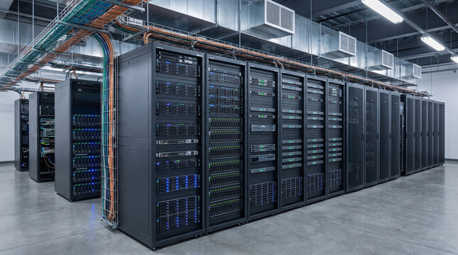 Modern server room racks featuring blinking lights and complex network cabling systems inside a large scale secure data center facility