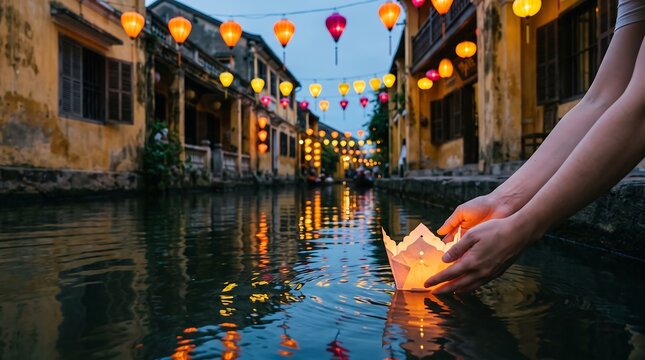 Person releasing a glowing paper lantern into a canal in Hoi An at twilight