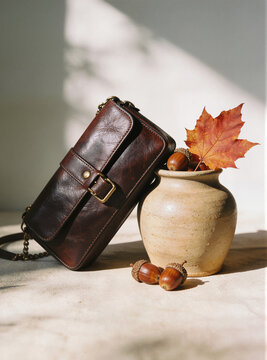 Dark brown leather crossbody bag beside a ceramic vase with a red maple leaf