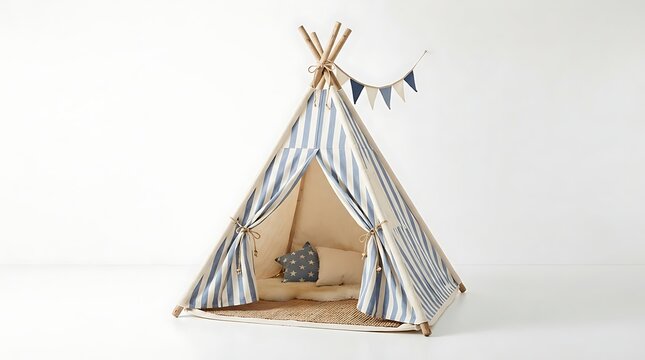 Striped fabric teepee tent for children in a bright playroom with copy space
