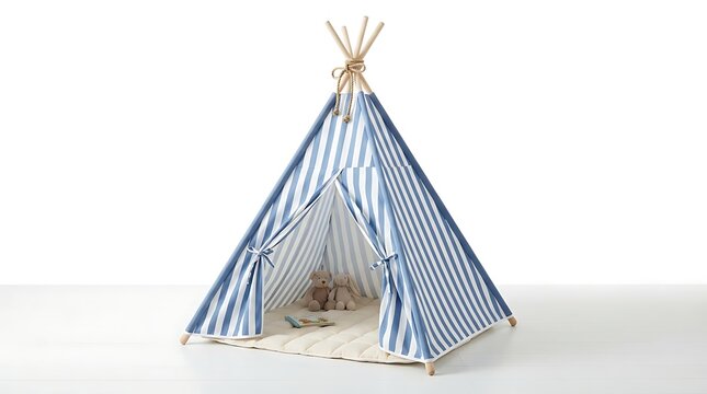Blue and white striped fabric teepee tent for children in a bright studio setting