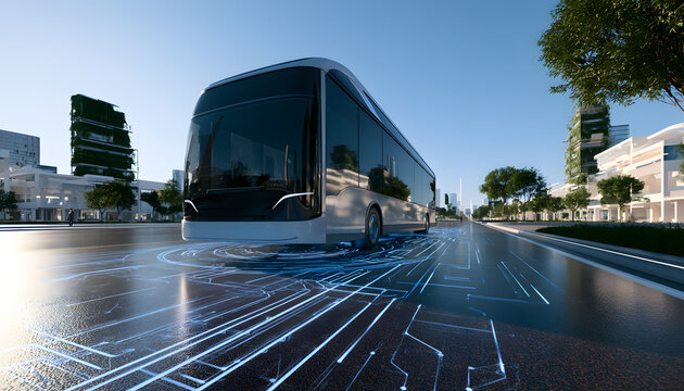 Wirelessly, modern electric buses charge on smart roads using innovative technology, with a clear blue sky as a backdrop. This highlights eco-friendly transport solutions for urban mobility, a concept