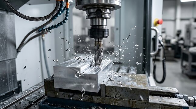 Milling machine cutting metal block with coolant