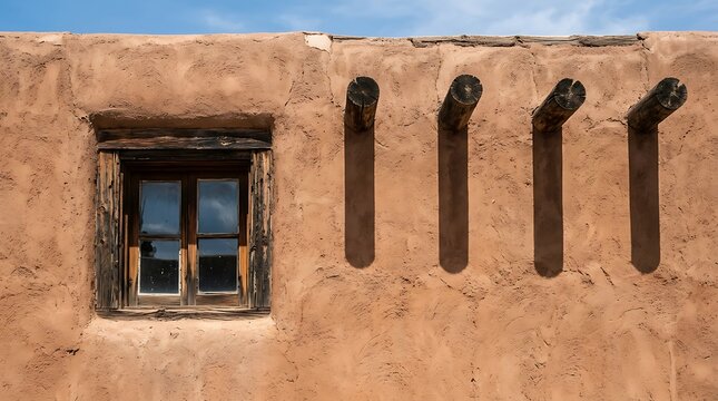 Traditional adobe wall with a wooden window and protruding vigas in a rustic southwestern setting