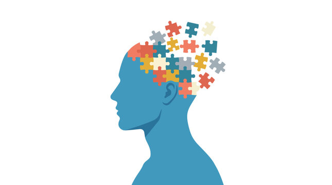 Mental health brain puzzle head silhouette for cognitive psychology awareness flat vector illustration for medical and therapy platforms