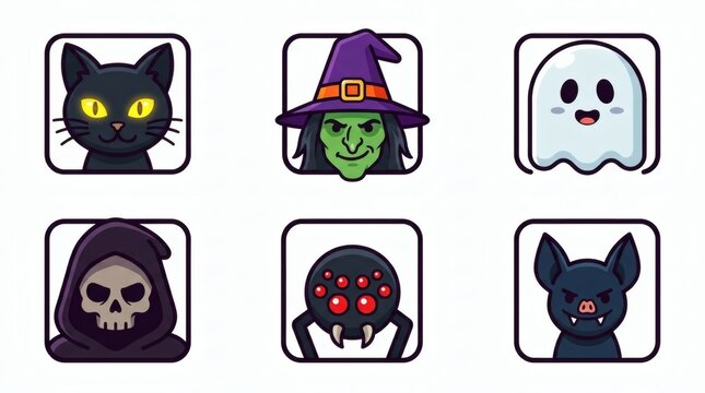 Flat Vector Halloween Creature Heads Black Cat Witch Ghost Grim Reaper Spider Bat

